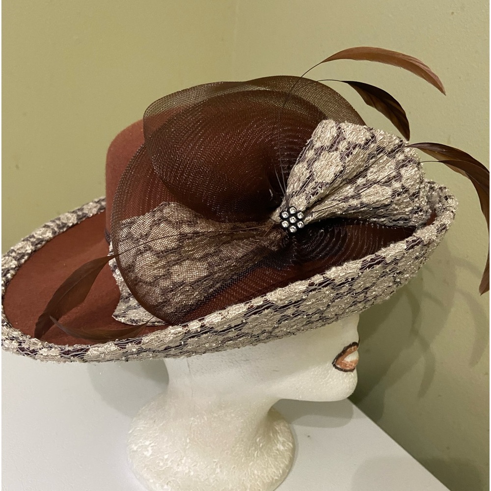 Women's Brown and Cream Decorative Dress Hat with Feather Trim